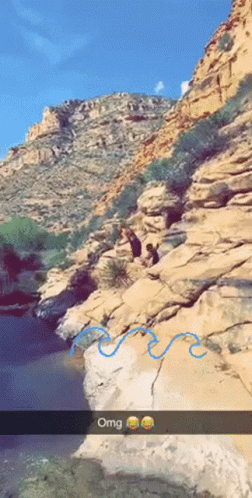 A Snapchat Of A Person Jumping Off A Cliff With The Word Omg Below GIF