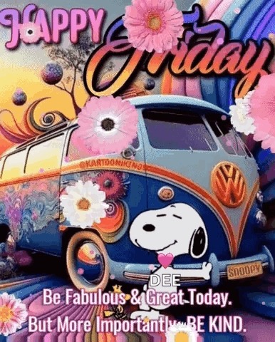 A Snoopy Van With Flowers Painted On It Is On A Happy Friday Greeting Card . GIF