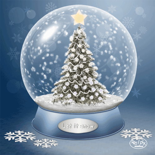 A Snow Globe With A Christmas Tree Inside And The Words Let It Snow Below It GIF