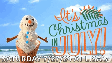 A Snowman In An Ice Cream Cone With The Words " It 'S Christmas In July " GIF