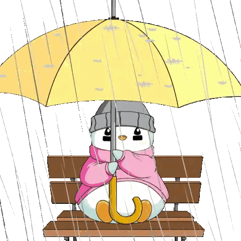 a snowman is sitting on a bench under an umbrella in the rain