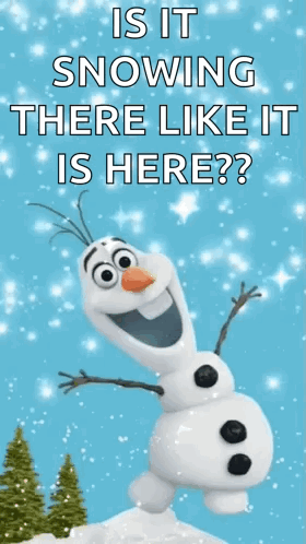 a snowman is standing in the snow with the words is it snowing there like it is here