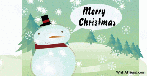 A Snowman Says Merry Christmas In A Speech Bubble Surrounded By Snowflakes GIF