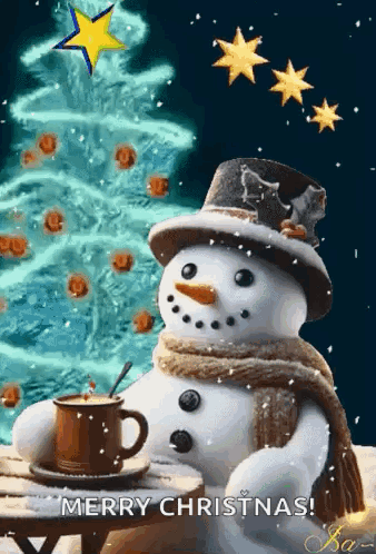 A Snowman Sitting At A Table With A Cup Of Coffee And A Christmas Tree In The Background . GIF