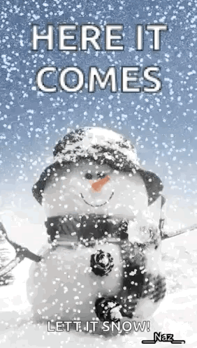 A Snowman Wearing A Hat And Scarf Is Standing In The Snow With The Words Here It Comes Let It Snow . GIF