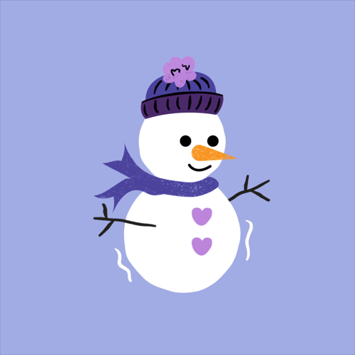 A Snowman Wearing A Purple Hat And Scarf With Hearts On It GIF