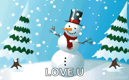 A Snowman Wearing A Top Hat And Scarf With The Words Love U Written On It GIF