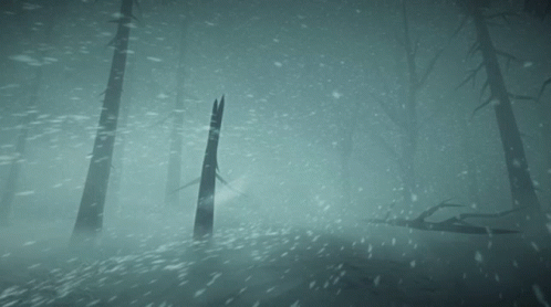 A Snowy Forest With Trees In The Foreground And A Fallen Tree In The Background GIF