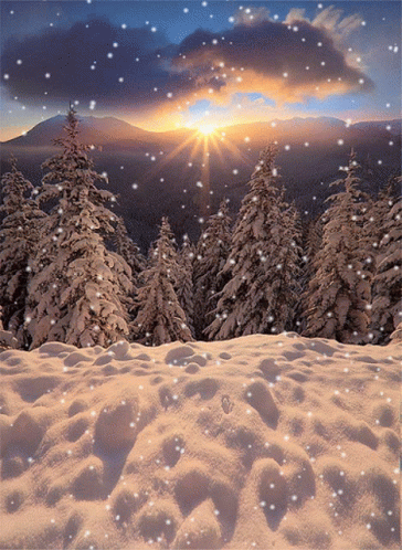 A Snowy Landscape With Trees In The Background And The Sun Shining Through The Clouds GIF