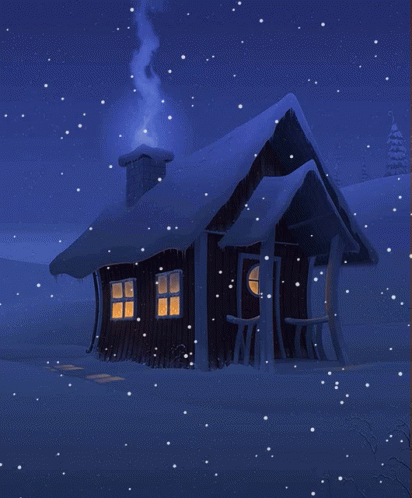 A Snowy Scene With A House In The Foreground And Smoke Coming Out Of The Chimney GIF