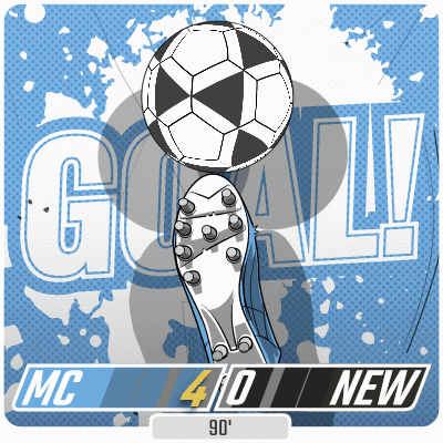 A Soccer Ball Is Being Kicked By A Boot With The Words Goal Mc 40 New Below It GIF