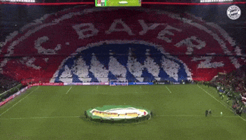 A Soccer Field With A Large Bayer Logo On The Field GIF