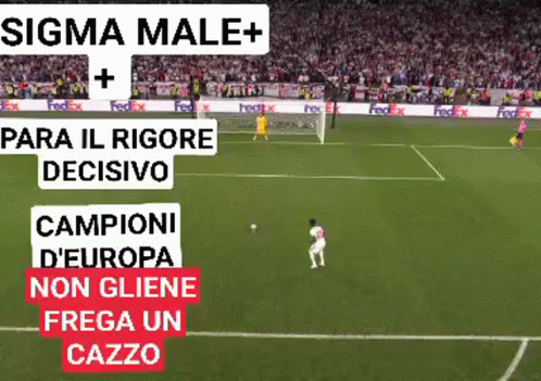 A Soccer Field With The Words Sigma Male + Para Il Rigore Decisivo Campioni D' Europa Non Gliene Frega Un Cazzo GIF