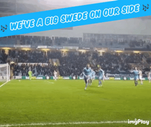 A Soccer Field With The Words We 'Ve A Big Swede On Our Side Above It GIF