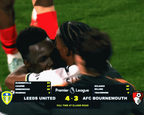 A Soccer Game Between Leeds United And Afc Bournemouth With The Score 4-3 GIF