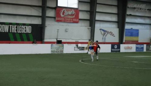 A Soccer Game Is Being Played In An Indoor Stadium With A Cane 'S Sign On The Wall GIF