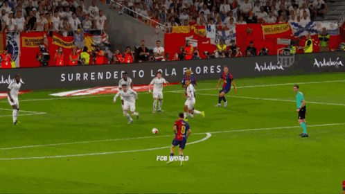A Soccer Game Is Being Played In Front Of A Banner That Says Fcb World GIF