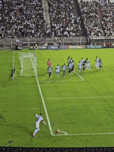 A Soccer Game Is Being Played In Front Of A Crowd With Advertisements For Detano And Sicredi GIF