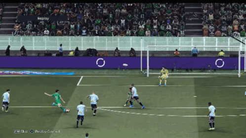 A Soccer Game Is Being Played In Front Of A Crowd With Replay Written On A Banner GIF