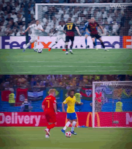 A Soccer Game Is Being Played In Front Of A Fedex And Mcdonald 'S Advertisement GIF