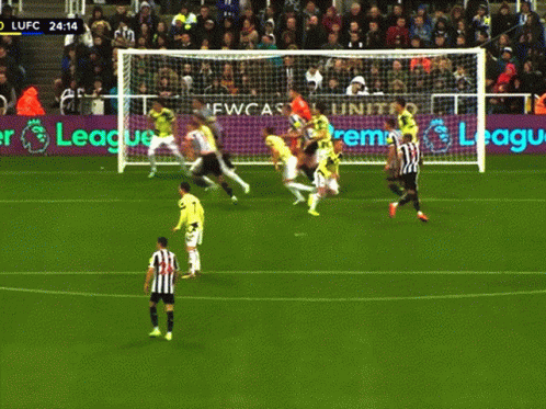 A Soccer Game Is Being Played In Front Of An Advertisement For Newcastle GIF