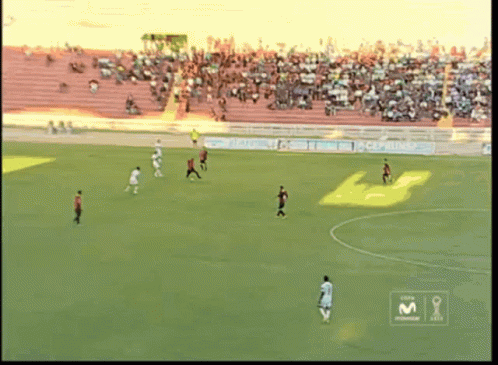 a soccer game is being played on a field with a m logo on the corner