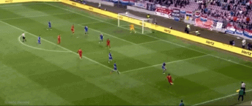 A Soccer Game Is Being Played On A Field With Hertz Advertisements On The Sidelines GIF