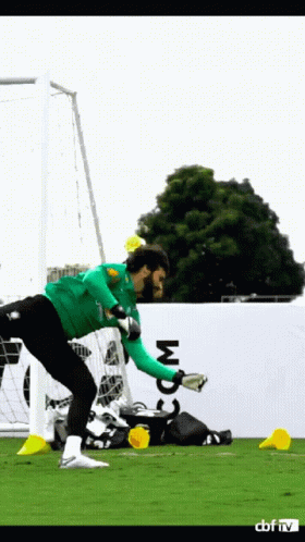 A Soccer Goalie In A Green Jersey With The Word Com On The Wall GIF