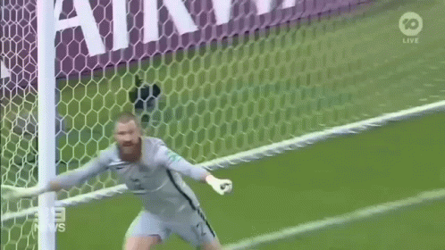 A Soccer Goalie Is Celebrating A Goal With His Arms Outstretched During A Game . GIF