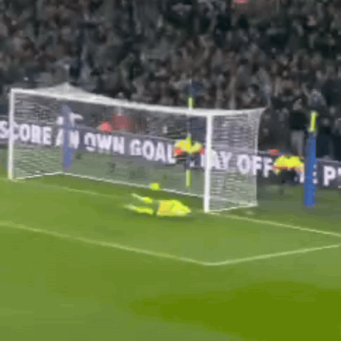 A Soccer Goalie Is Diving To Catch A Ball In Front Of A Sign That Says Score An Own Goal GIF