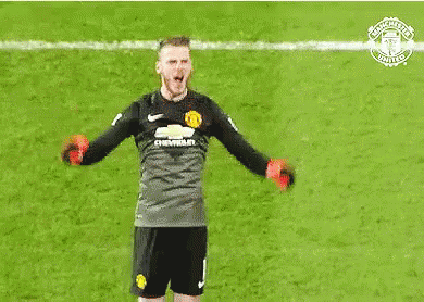 a soccer goalie is holding a pair of red dumbbells in his hands on a field .
