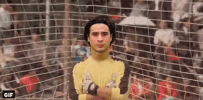 A Soccer Goalie With His Arms Crossed Is Standing In Front Of A Soccer Net . GIF