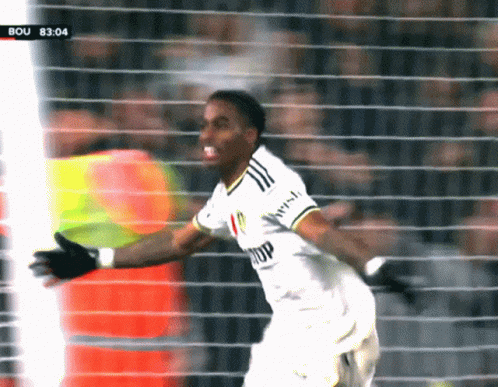 A Soccer Player Celebrates A Goal During A Game With The Time Of 83:04 On The Screen GIF