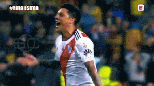 A Soccer Player Celebrates A Goal In Front Of A Crowd While Wearing A Huawei Shirt GIF