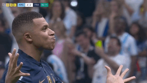 A Soccer Player Celebrates A Goal In Front Of A Crowd With Bbc Arg And Fra Written On The Screen GIF