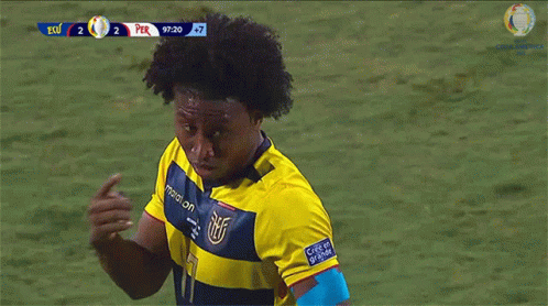 a soccer player giving the middle finger during a match between peru and ecu