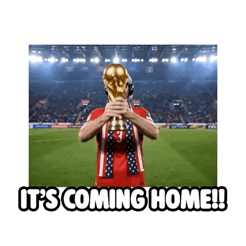 a soccer player holding a trophy with the words it 's coming home written below him