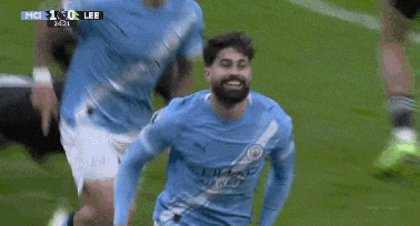 a soccer player in a blue jersey is celebrating a goal during a game