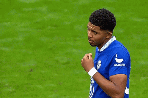 A Soccer Player In A Blue Shirt Is Talking To Another Player On The Field . GIF