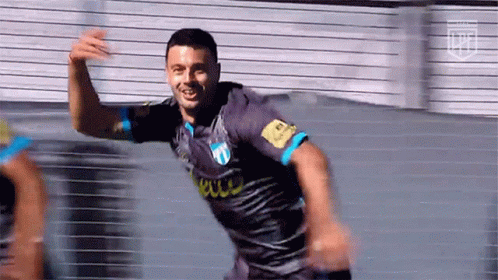 a soccer player in a gray and blue jersey is celebrating a goal .