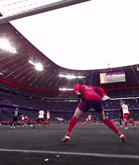 a soccer player in a red jersey is jumping in the air to catch a ball