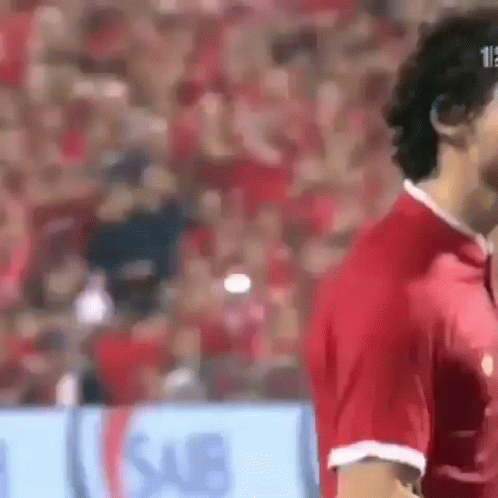 a soccer player in a red shirt is standing in front of a crowd .