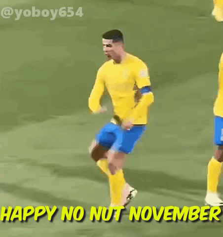 A Soccer Player In A Yellow Shirt And Blue Shorts With The Words Happy No Nut November GIF