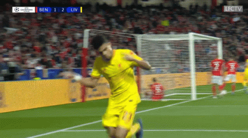 A Soccer Player In Yellow Celebrates A Goal During A Match GIF