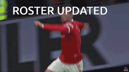 A Soccer Player Is Jumping In The Air In Front Of A Crowd With The Words " Roster Updated " Above Him GIF