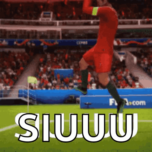 A Soccer Player Is Jumping In The Air On A Soccer Field With The Words Siuuu Written In White GIF