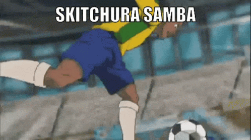 A Soccer Player Is Kicking A Soccer Ball And The Words Skitchura Samba Are On The Screen GIF