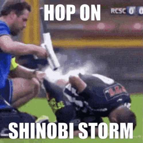 A Soccer Player Is Kneeling Down With A Gun In His Hand And The Words Hop On Shinobi Storm Written On The Bottom GIF