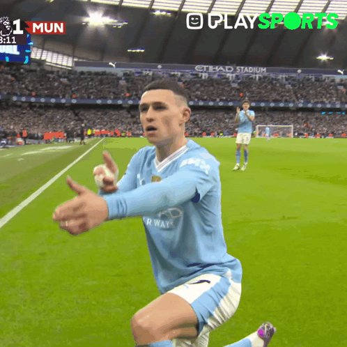 A Soccer Player Is Kneeling On The Field With A Playsports Logo In The Background GIF