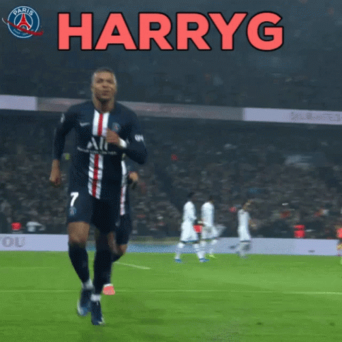 A Soccer Player Is Running On A Field With The Word Harryg Behind Him GIF